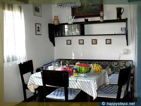 photo of dining table inside the wooden cottage during our weekend at Lipence, Prague