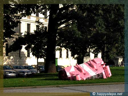 photo of pink torso of a war tank by David Cerny at Prague