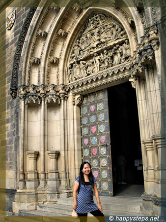 A pose at the main door at the Basilica of Saints Peter and Paul, Vysehrad Castle, Prague